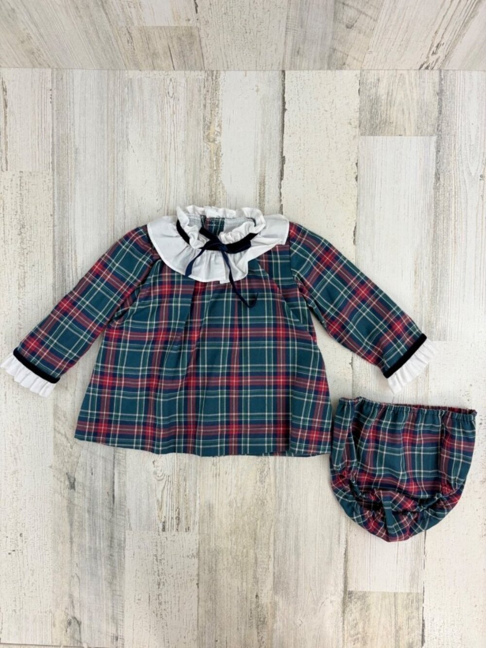 La Coqueta Girls Sz 12 M Green Blue Plaid Dress Bloomer Set EUC